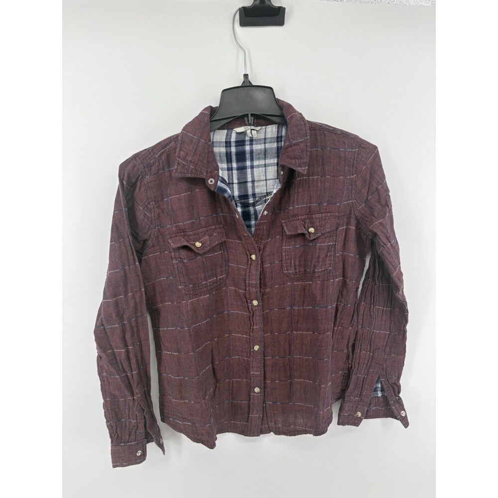 BKE Womenâs Maroon Pearl Snap Up Shirt Size Large Pocket Plaid Lined Long Sleeve